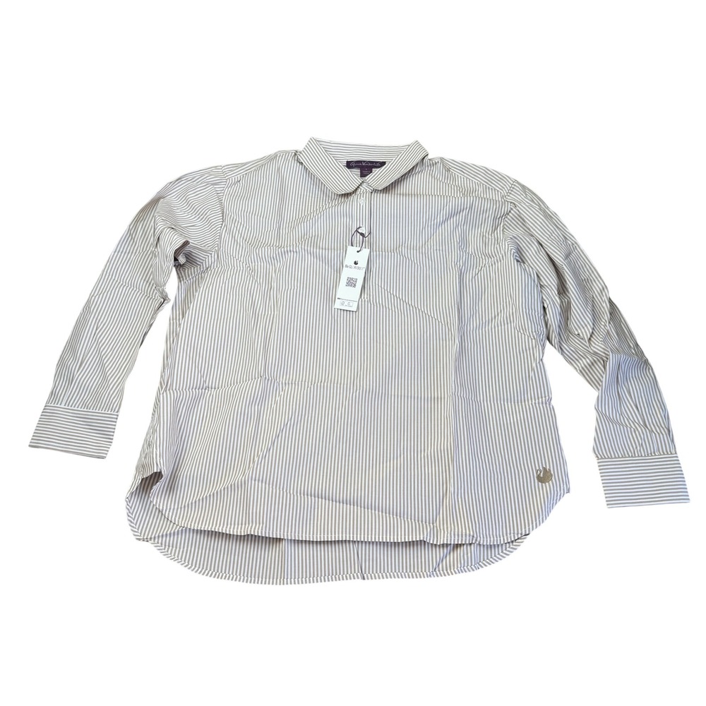MSRP $48 Gloria Vanderbilt Women's Amanda L Beige White Striped Pullover Shirt
